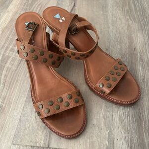Women's Tan Studded Leather Sandals - Adjustable Ankle Strap